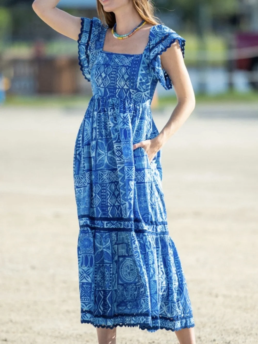 Olivia James Brooke Dress Native Dusk Blue Coastal Luxury Ruffle.         Sk6